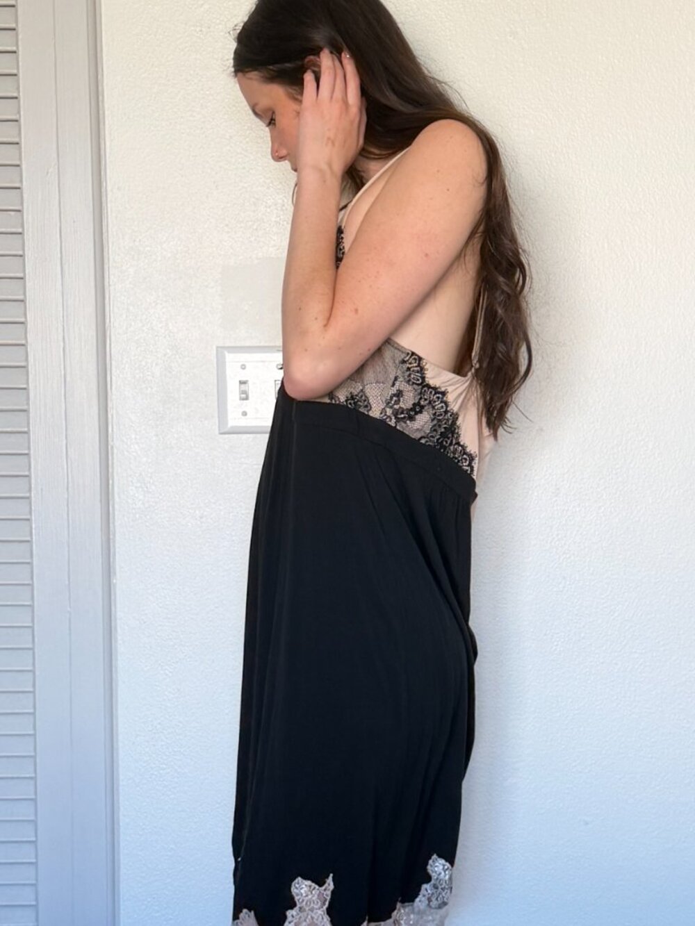 Y2K Mini Babydoll Dress (L) large black tan vintage lace sexy nightie glam goth - Picture 5 of 8